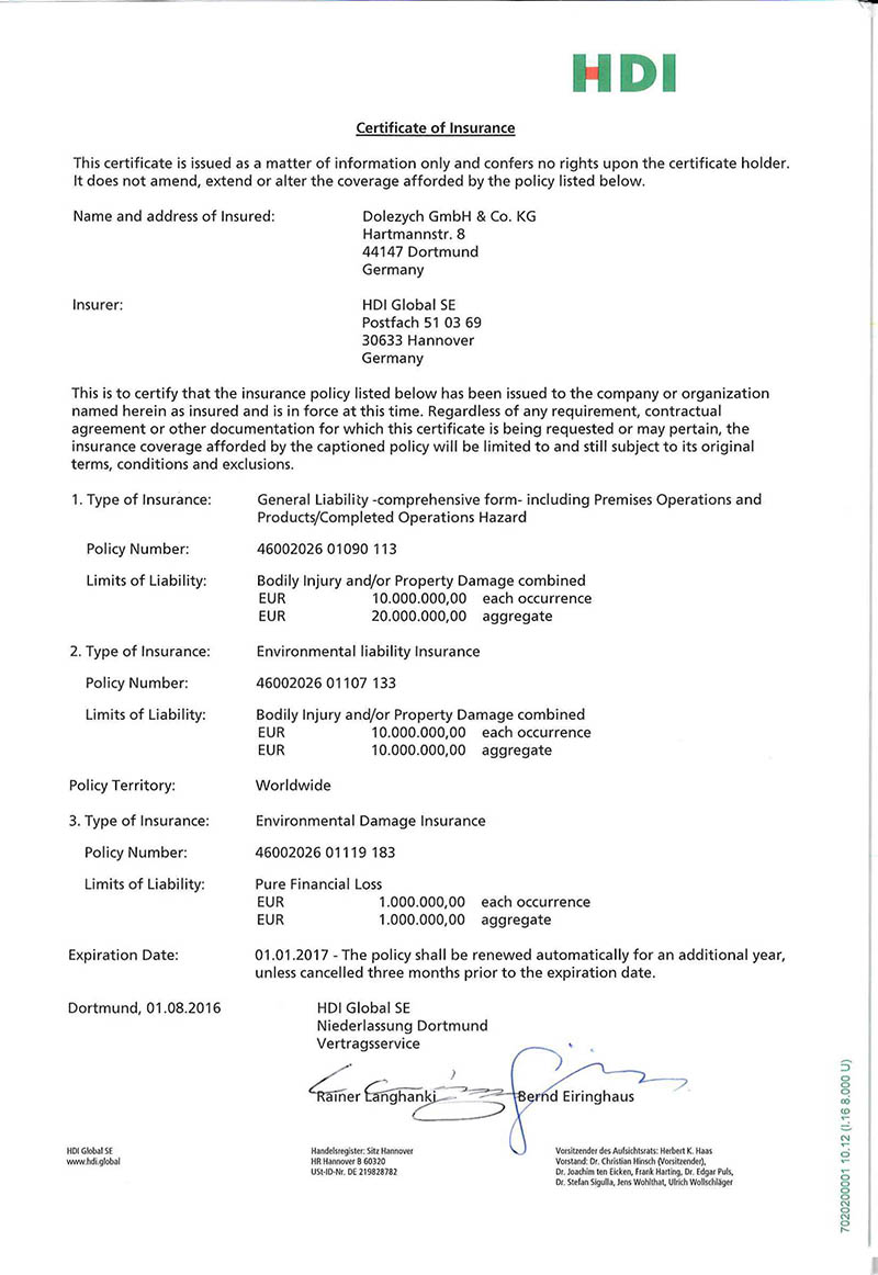 多來勁吊具德國HDI公司產品責任險